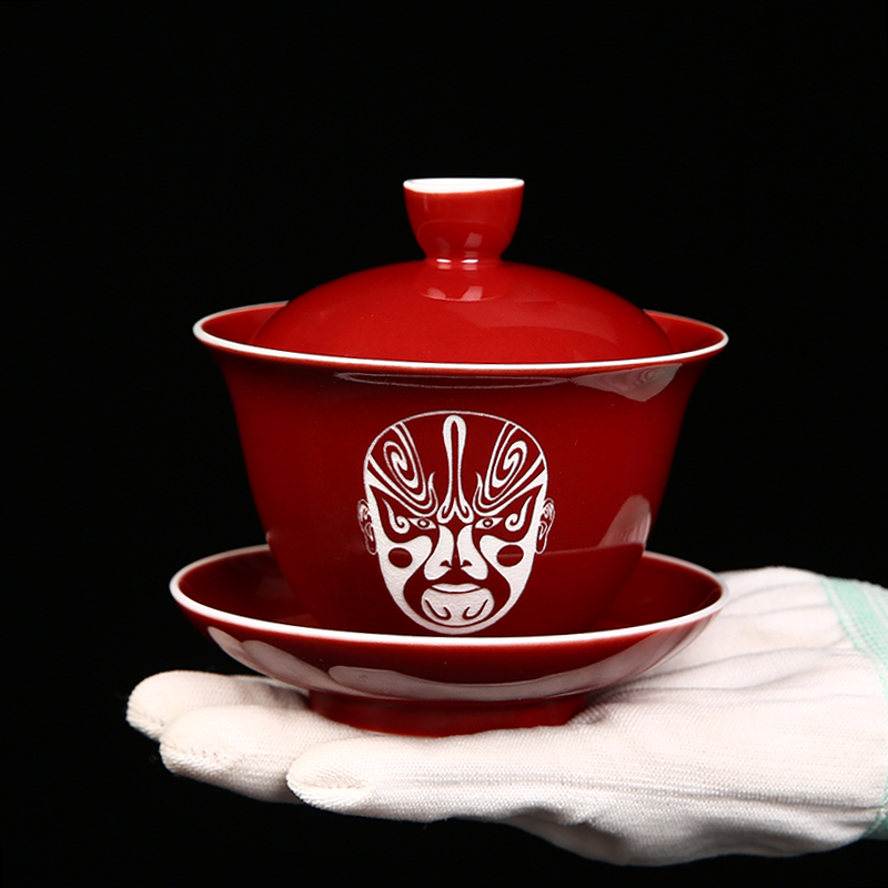 三才盖碗红色结婚功夫茶具脸谱