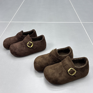 真皮加绒勃肯鞋女2025冬季新款圆头软底厚底防滑牛皮保暖豆豆棉鞋