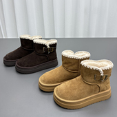 真皮羊毛雪地靴女2025冬季 新款 圆头厚底套筒加厚保暖牛皮休闲棉靴