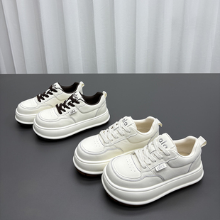 真皮小白鞋女2026春季新款圆头厚底系带透气舒适牛皮休闲运动板鞋