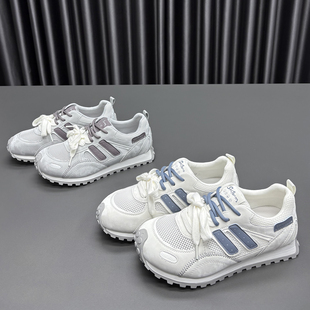 透气牛皮休闲运动鞋 圆头厚底薄款 潮 女2026春夏新款 真皮网面阿甘鞋