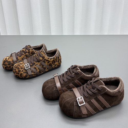 真皮加绒豹纹德训鞋女2025冬新款