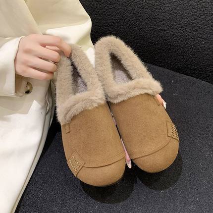 兔毛加绒加厚棉鞋女2025冬季新款一脚蹬毛毛鞋平底百搭舒适豆豆鞋