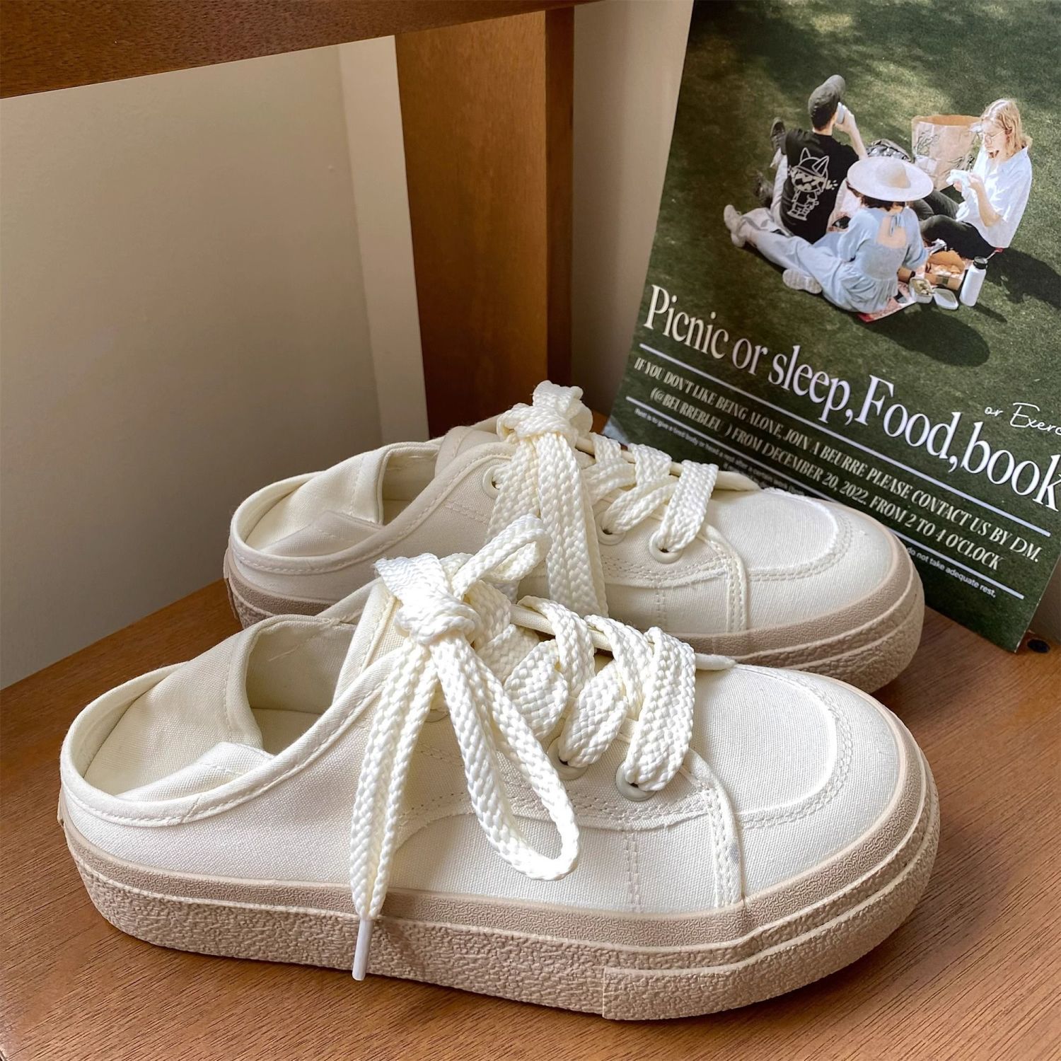 2024夏季新款后跟可踩小白鞋子帆布鞋子女厚底百搭潮鞋休闲板鞋