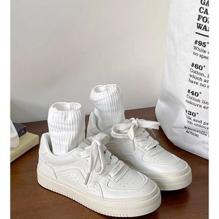 学生平底百搭皮面防水休闲厚底女鞋 新款 女2024春季 配校服小白鞋