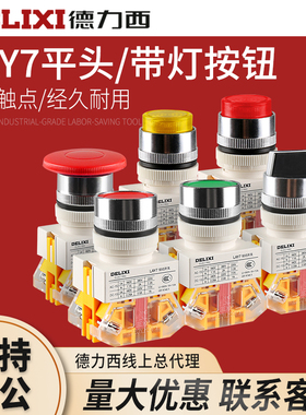 德力西 LAY7-11BN开关按钮电源自复位按压式自锁启动平头旋钮带灯