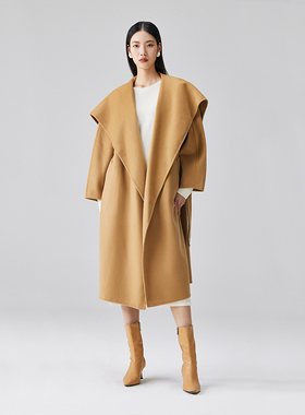 M家2025秋冬新款双面羊绒水波纹大衣女中长款廓形翻领外套rienza