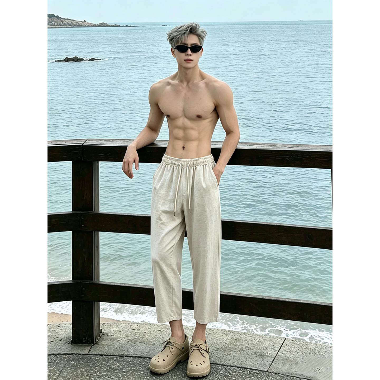 老钱风亚麻裤子男款夏季薄款九分裤舒适透气宽松直筒棉麻休闲裤