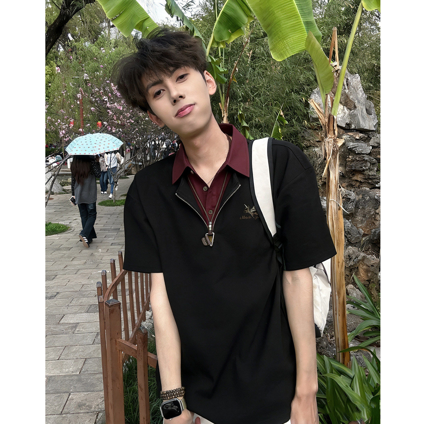 假两件拼接POLO衫短袖男款夏季高级感衬衫领T恤美式痞帅正肩半袖