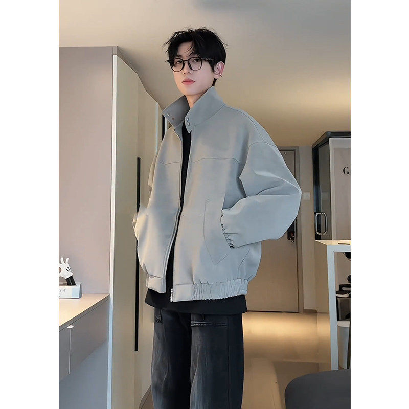 灰色脏脏扎染pu皮外套男款春秋美式立领棒球服cleanfit工装夹克
