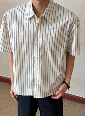 Blog格雷miu系棕色条纹短袖衬衫短宽显高轻薄透气T恤D267