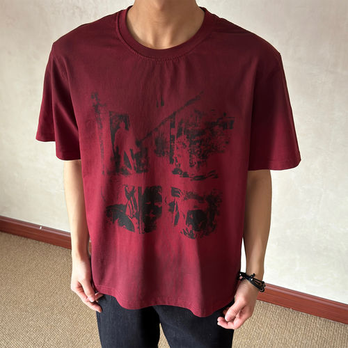 Blog美式复古做旧喷脏短袖短宽显高斑驳乐队印花T恤夏D231