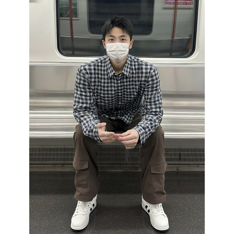 藏青色格子衬衫男款春秋季男生酷帅格纹长袖上衣cleanfit衬衣外套