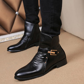 秋冬季 短筒皮靴 时尚 尖头皮鞋 男靴子潮流马丁靴男英伦短靴高帮韩版