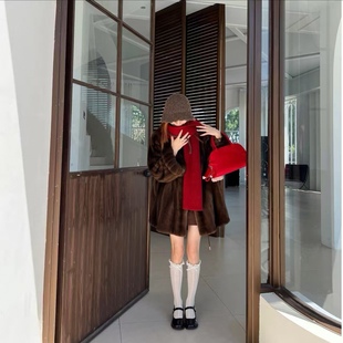 在逃公主款  中古色南瓜袖仿水貂毛毛外套