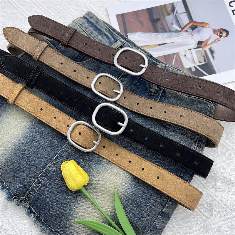 秋冬潮流轻奢风复古反绒宽腰带古银扣装饰二层牛皮皮带配大衣半裙