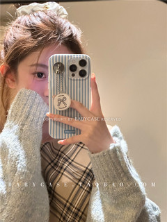 BABYCASE韩系INS风小众轻甜感条纹甜美蝴蝶结挂饰手机壳适用iPhone15ProMax苹果14pro少女心13pm软壳12