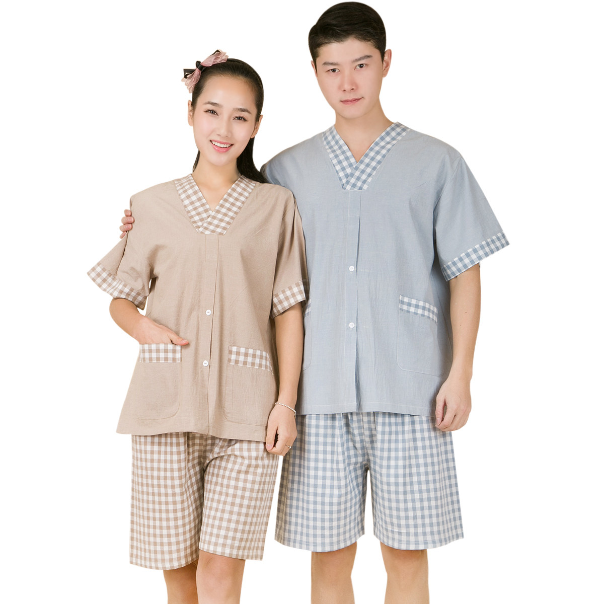 夏季薄款艾灸理疗服装 纯棉前后开 针灸服 推油 浅色格子短款