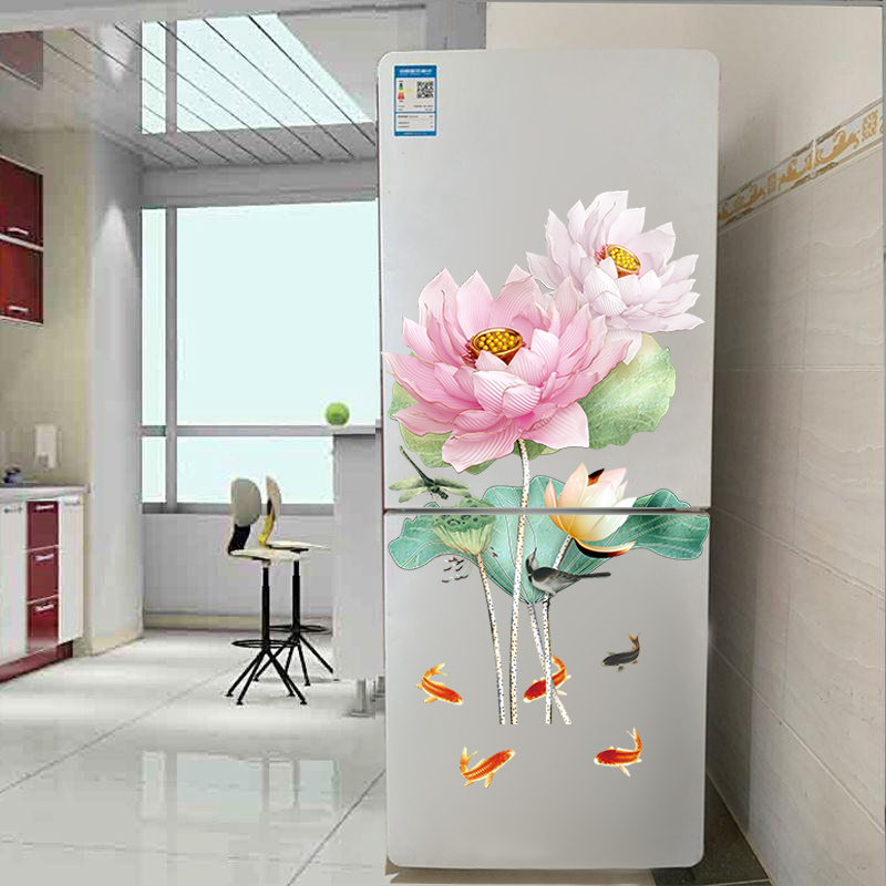 中国风荷花创意个性冰箱贴3D立体墙面装饰贴纸自粘墙贴橱柜门贴画图片