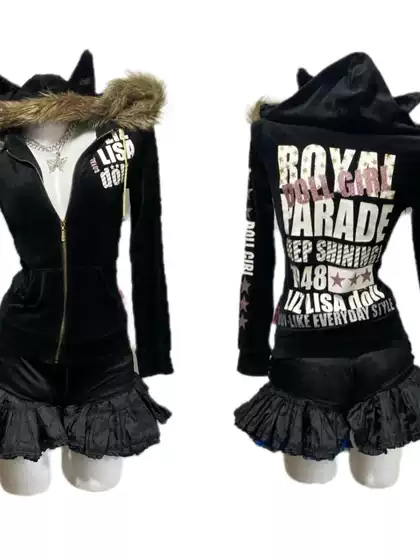 Japanese Retro Y2K Cat Ear Hooded Sweatshirt Subculture Punk Rock Vintage Velvet Jacket