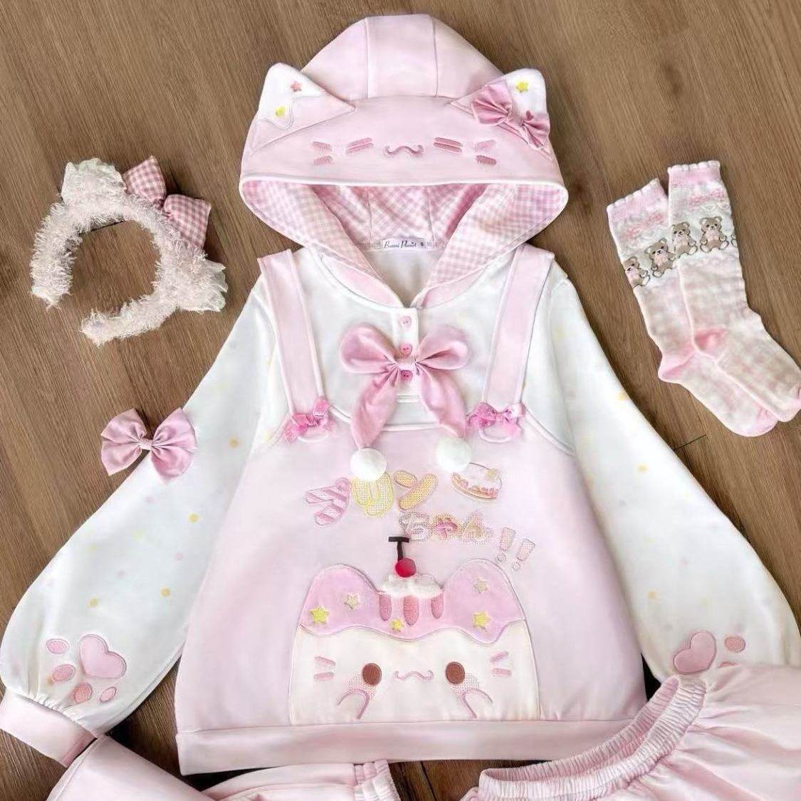 thumbnail for Japanese soft cute girl strawberry crème brulee meow printed soft girl plaid hooded sweatshirt plush loose autumn and winter style