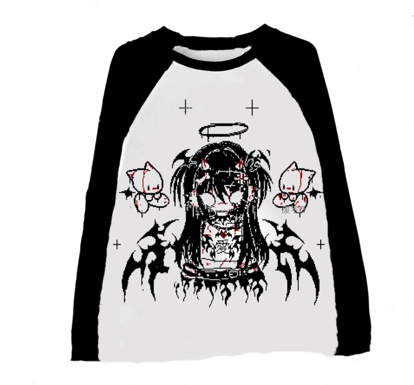 thumbnail for Japanese subculture, two-dimensional Yabi devil print long-sleeved top, soft cute otaku, Harajuku, Shibuya raglan T-shirt