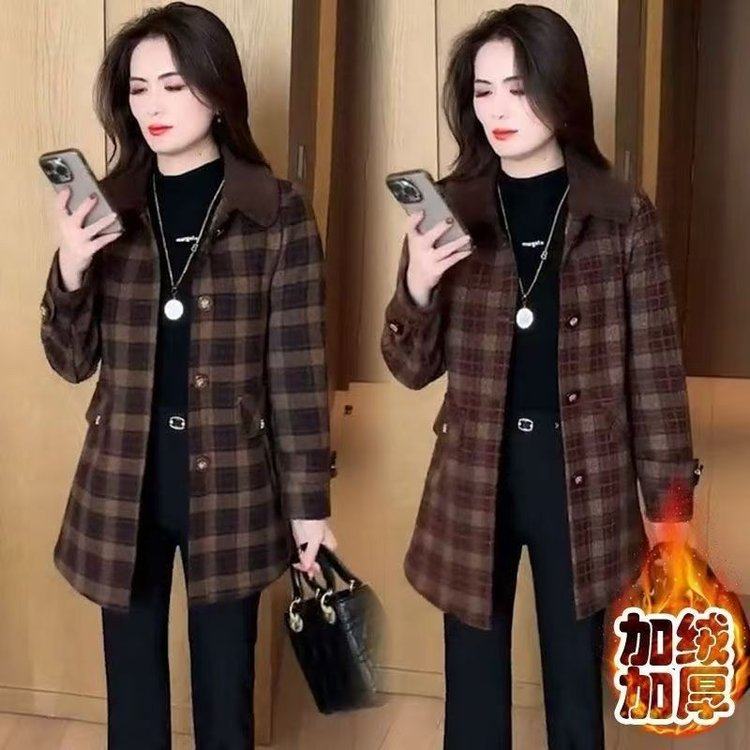 加绒加厚时尚格子中长款毛呢外套气质显瘦减龄宽松大衣秋冬