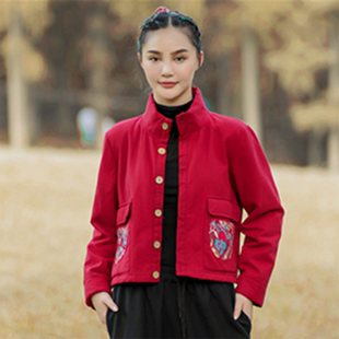 秋冬季棉衣宽松外套民族风棉麻加绒保暖短款棉袄绣花棉服女装上衣