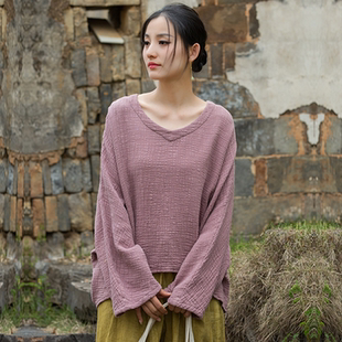 春秋季女装棉麻宽松休闲太极瑜伽显瘦T恤上衣打底衫长袖文艺女款