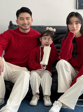 红色亲子装毛衣秋冬洋气麻花过年拜年服全家庭装影楼拍照一家三口