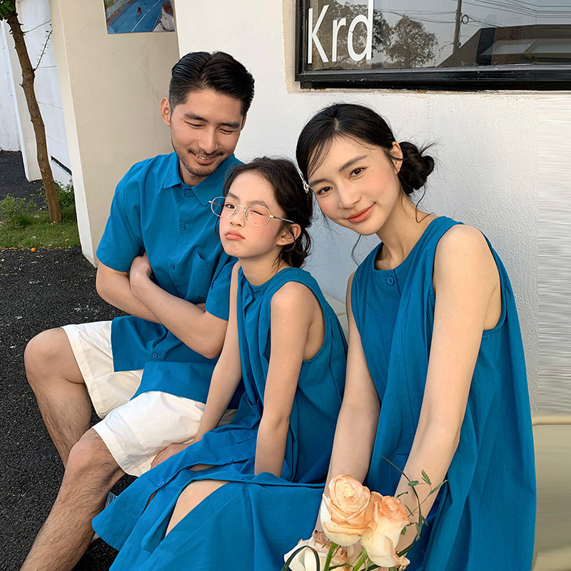 韩系洋气孔雀蓝亲子装夏天母女装连衣裙父子衬衫高级感小众套装季