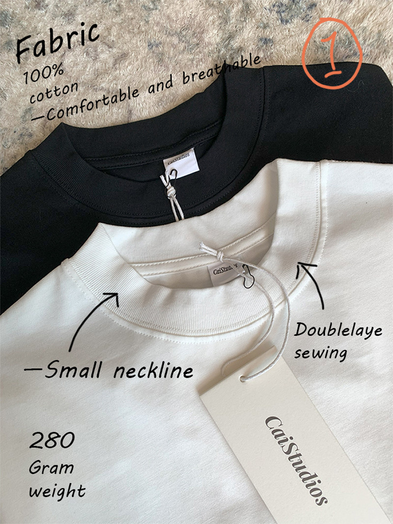 caistudios基础款宽松落肩短宽小领口圆领二本针纯棉t恤280g