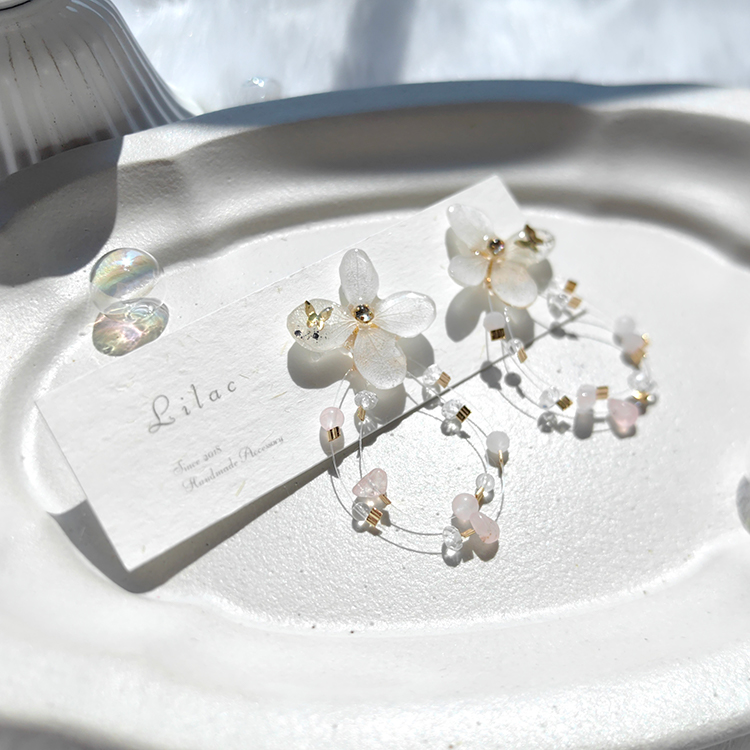 lilac日系手作米白色绣球花蝴蝶水晶超仙植物花朵耳钉无耳洞耳夹