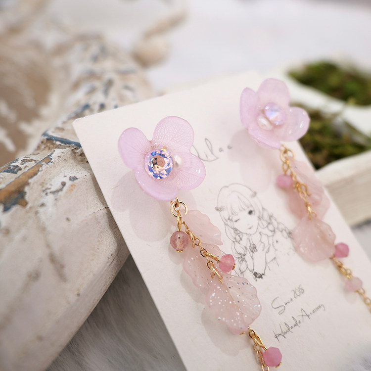 lilac日系手作立体粉紫色绣球花进口贝壳片天然水晶耳钉花朵耳夾