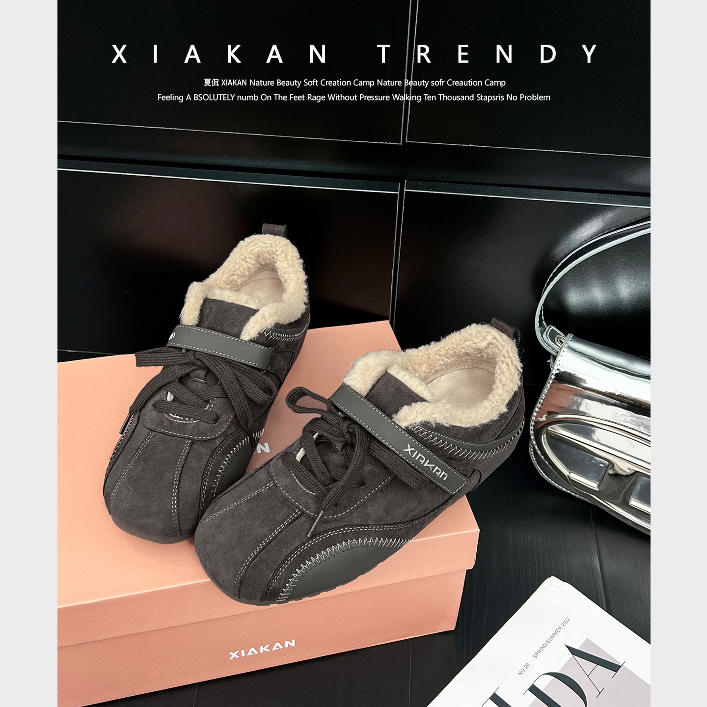 夏侃XIAKAN 内增高6cm灰色运动风加绒德训鞋女冬季百搭休闲毛毛鞋
