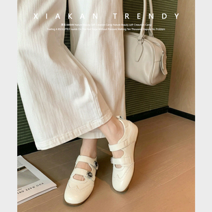夏侃XIAKAN 6cm内增高法式白色雕花玛丽珍鞋平底通勤不累脚小单鞋