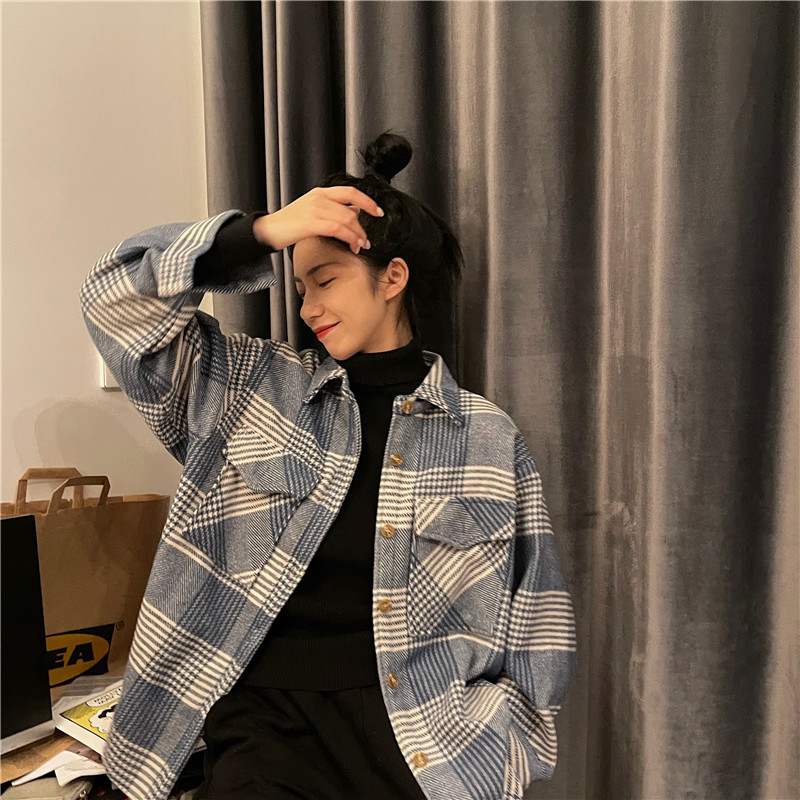 Real shooting autumn and winter new Korean retro Plaid contrast long sleeve shirt female loose lazy student shirt