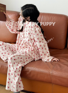 CHERRY PUPPY套装草莓抱抱熊长袖长裤套装拉绒全棉磨毛睡衣居家服
