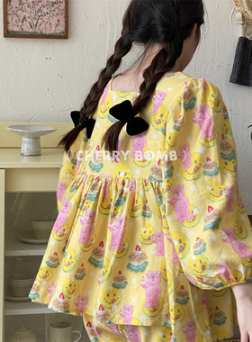 CherryBomb秋全棉拉绒磨毛蜜桃黄油芝士可爱公主长袖长裤韩国睡衣