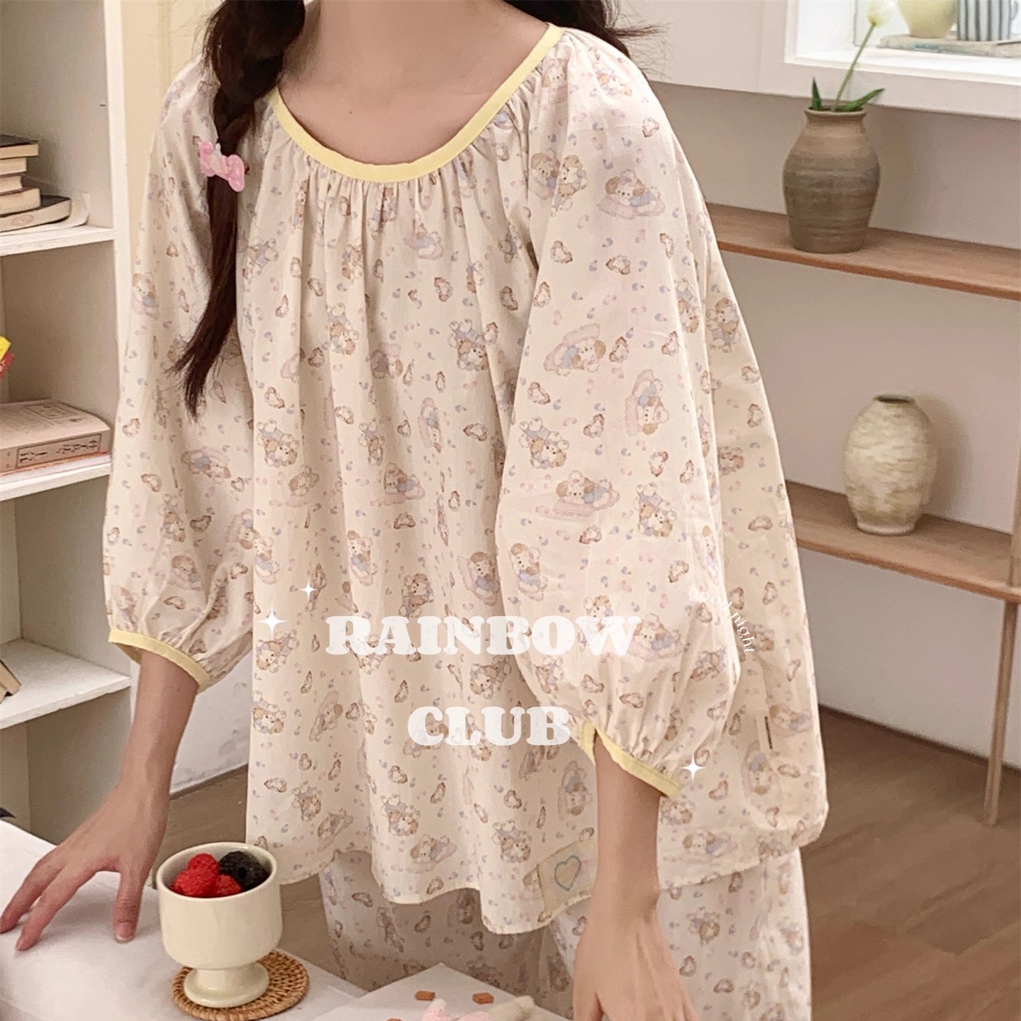 全棉亲肤可爱狗狗卡通圆领七分袖长裤睡衣家居服套装女四季可外穿