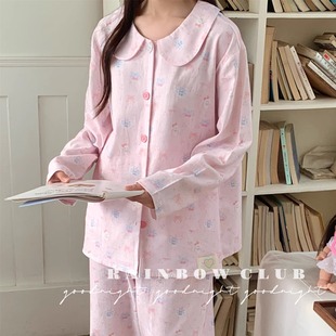 两色全棉娃娃领卡通长耳朵兔子蝴蝶结甜美开衫长裤家居服睡衣女