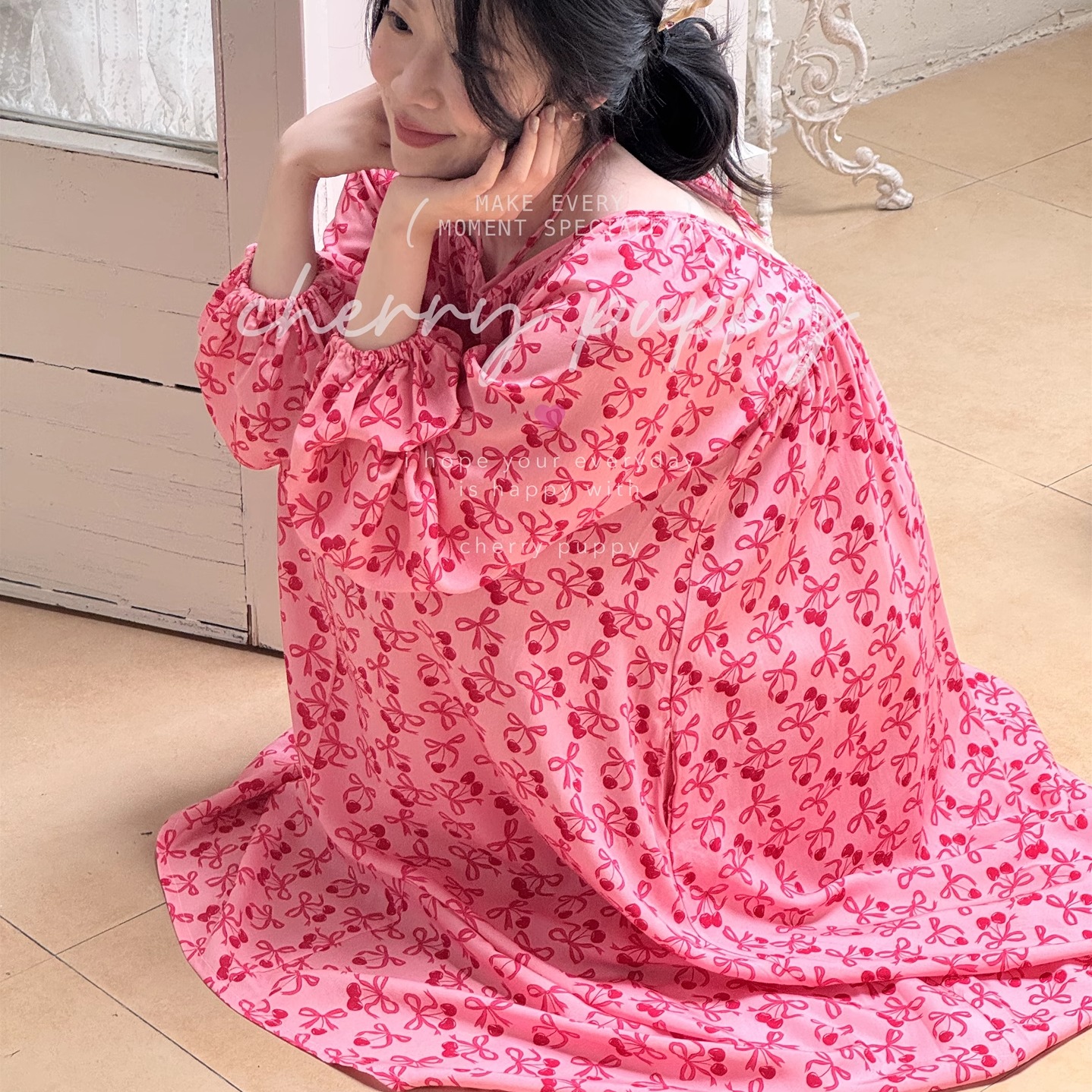 蝴蝶结樱桃度假风宽松睡裙女士夏