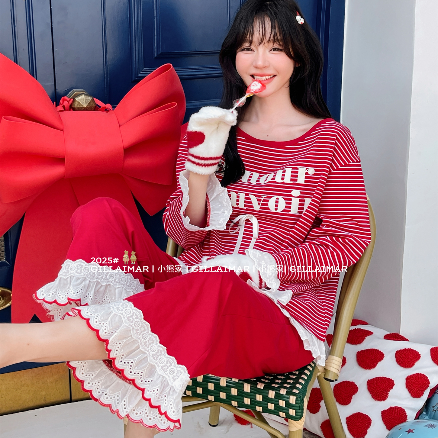 GillAimar女针织棉条纹家居服