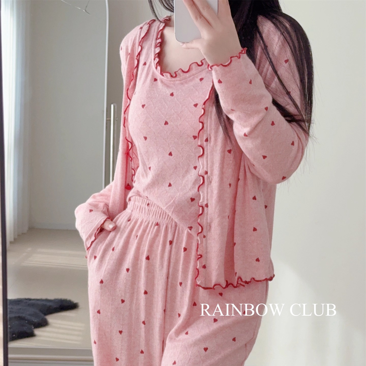 含胸垫睡衣三件套秋冬仿羊绒开衫背心长裤睡衣家居服套装可外穿女