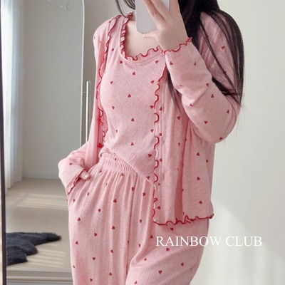 含胸垫睡衣三件套秋冬仿羊绒开衫背心长裤睡衣家居服套装可外穿女