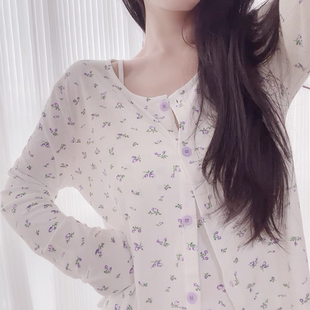 两色碎花三件套四季 吊带含胸垫睡衣家居服可外穿女 莫代尔开衫 长裤