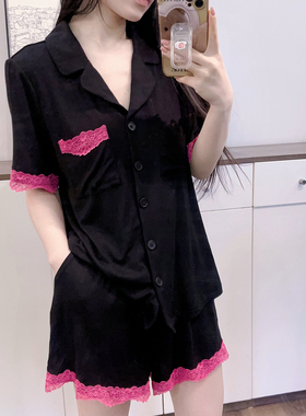 清仓 黑色风婉套装亲肤莫代尔蕾丝拼接翻领长袖长裤裸感家居服夏