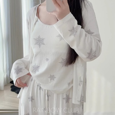 含胸垫家居服三件套雪花烫钻重工高版本高级感可外穿睡衣