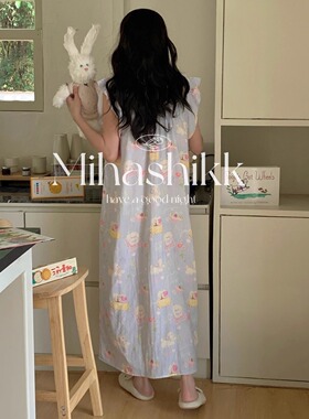 两色夏全棉双层纱布可爱小狗浅蓝色荷叶边背心长裙宽松睡衣家居服