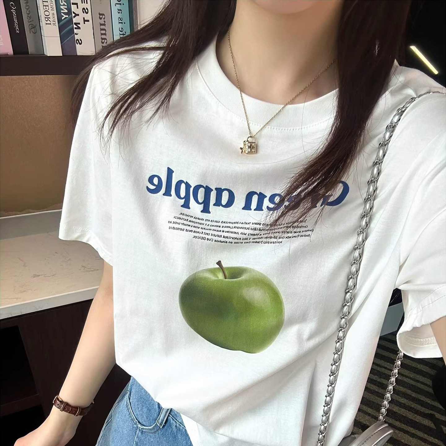 韩版纯棉短袖青苹果印花女T恤图片